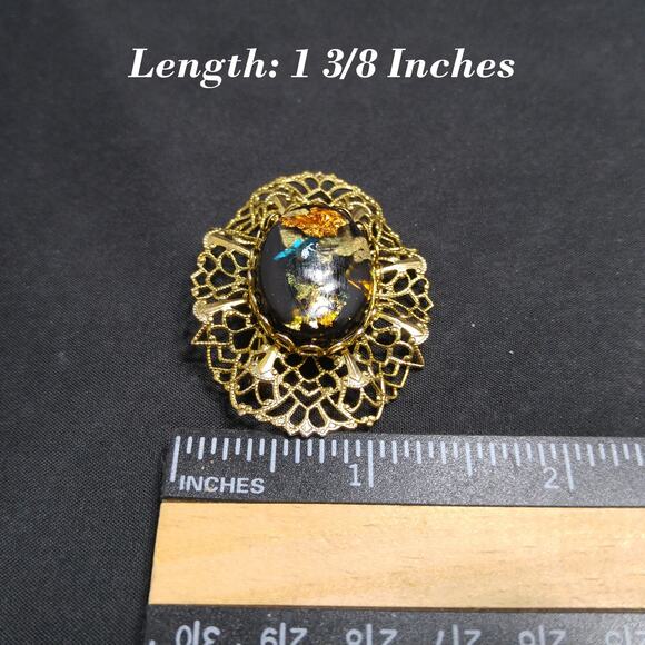 Vintage Lucite Filigree Brooch, Gold Foil, 1960s Jewelry - Picture 8 of 10